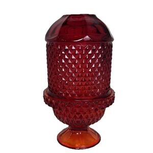 Vintage MCM Viking Glass Fairy Lamp Ruby Red Diamond Point Glimmer  7" Excellent
